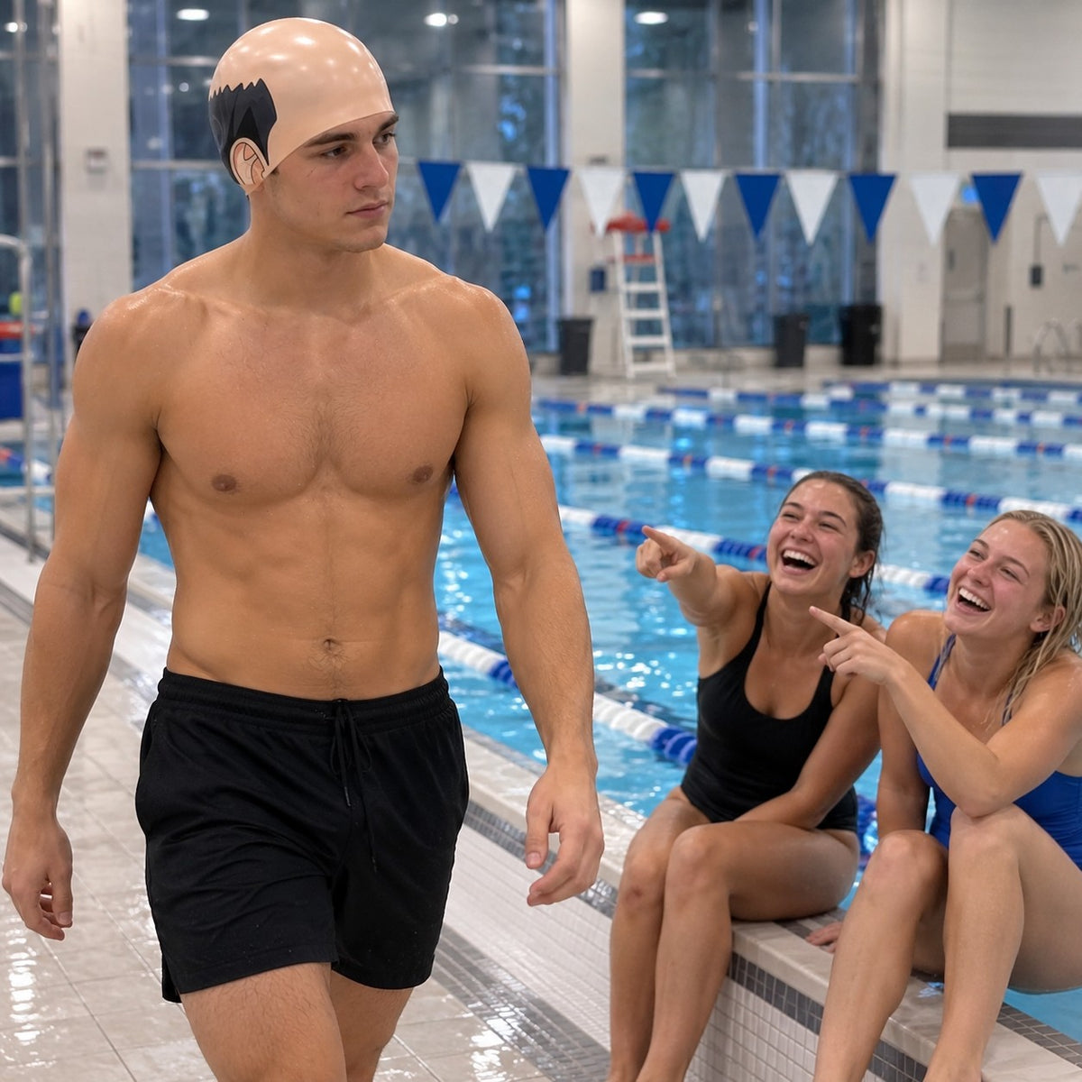 Two friends laughing at a man in the bald head swim cap at the pool