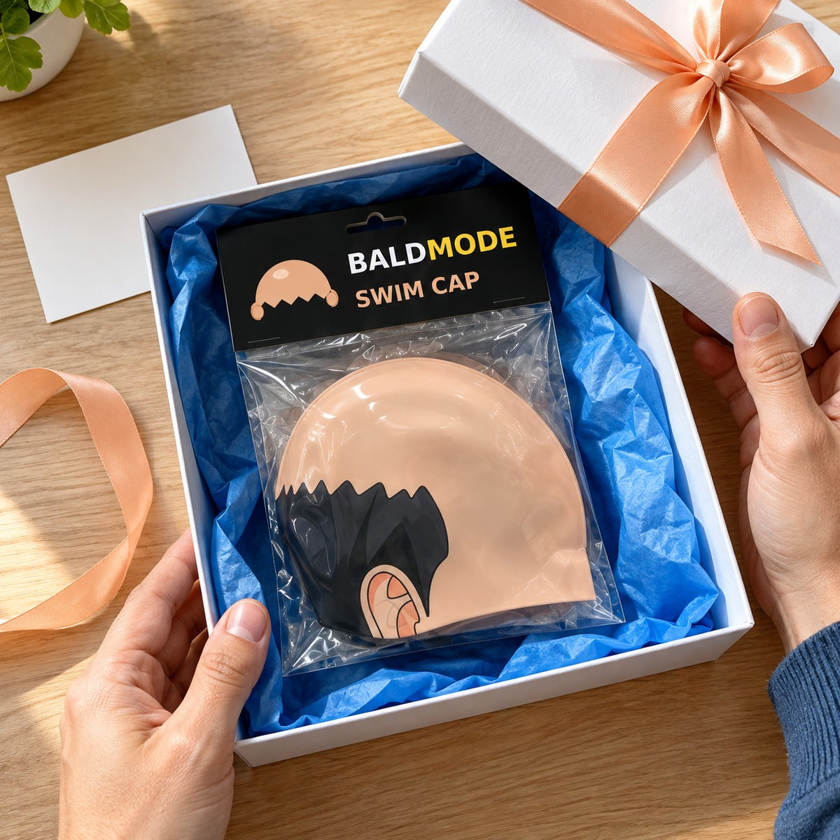 BaldMode swim cap pack in a gift box