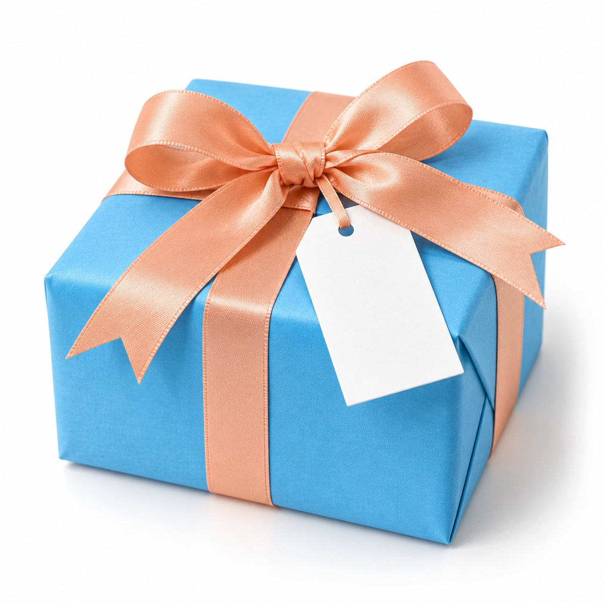 Small gift wrapped in blue paper with a peach bow