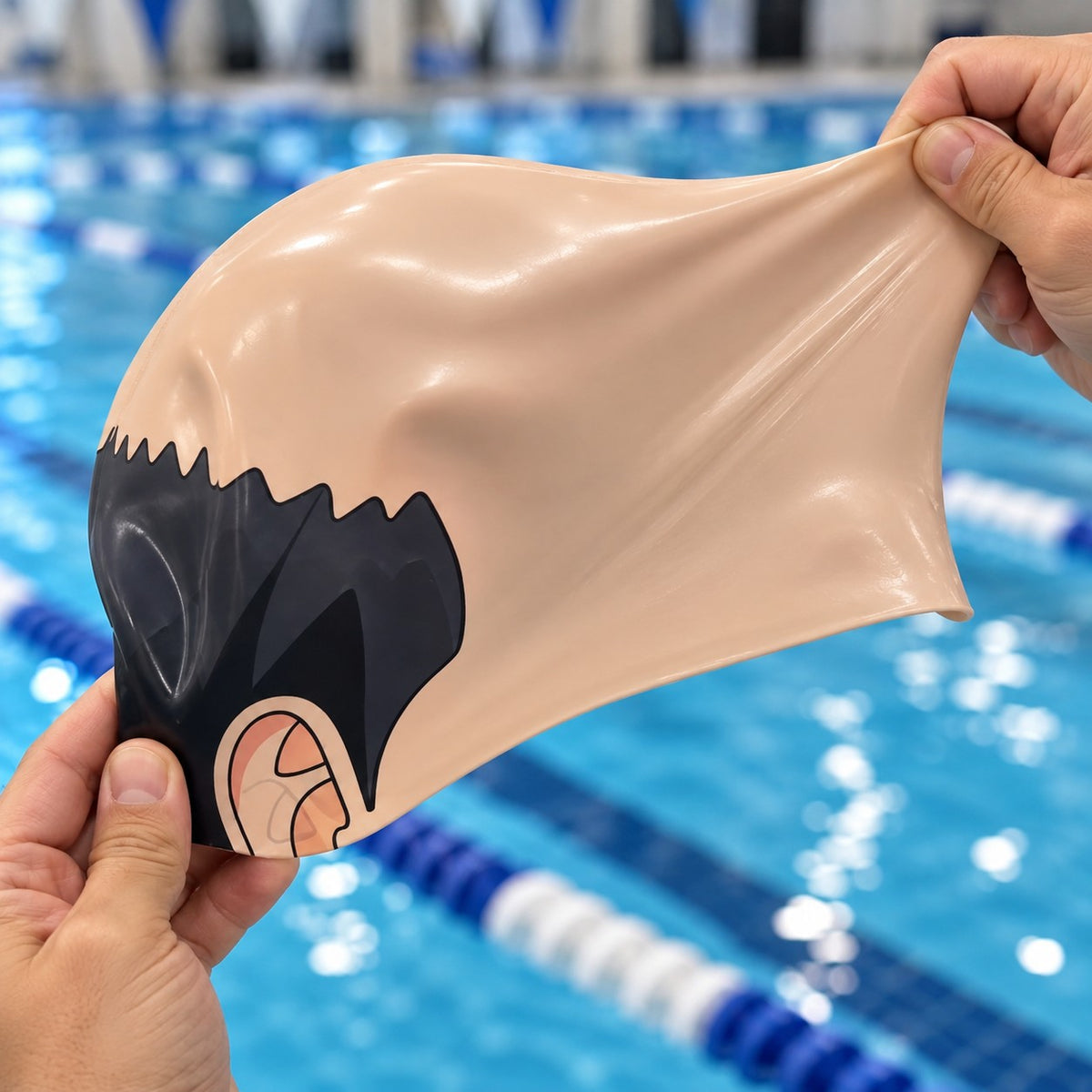 Hands stretching the latex bald head swim cap